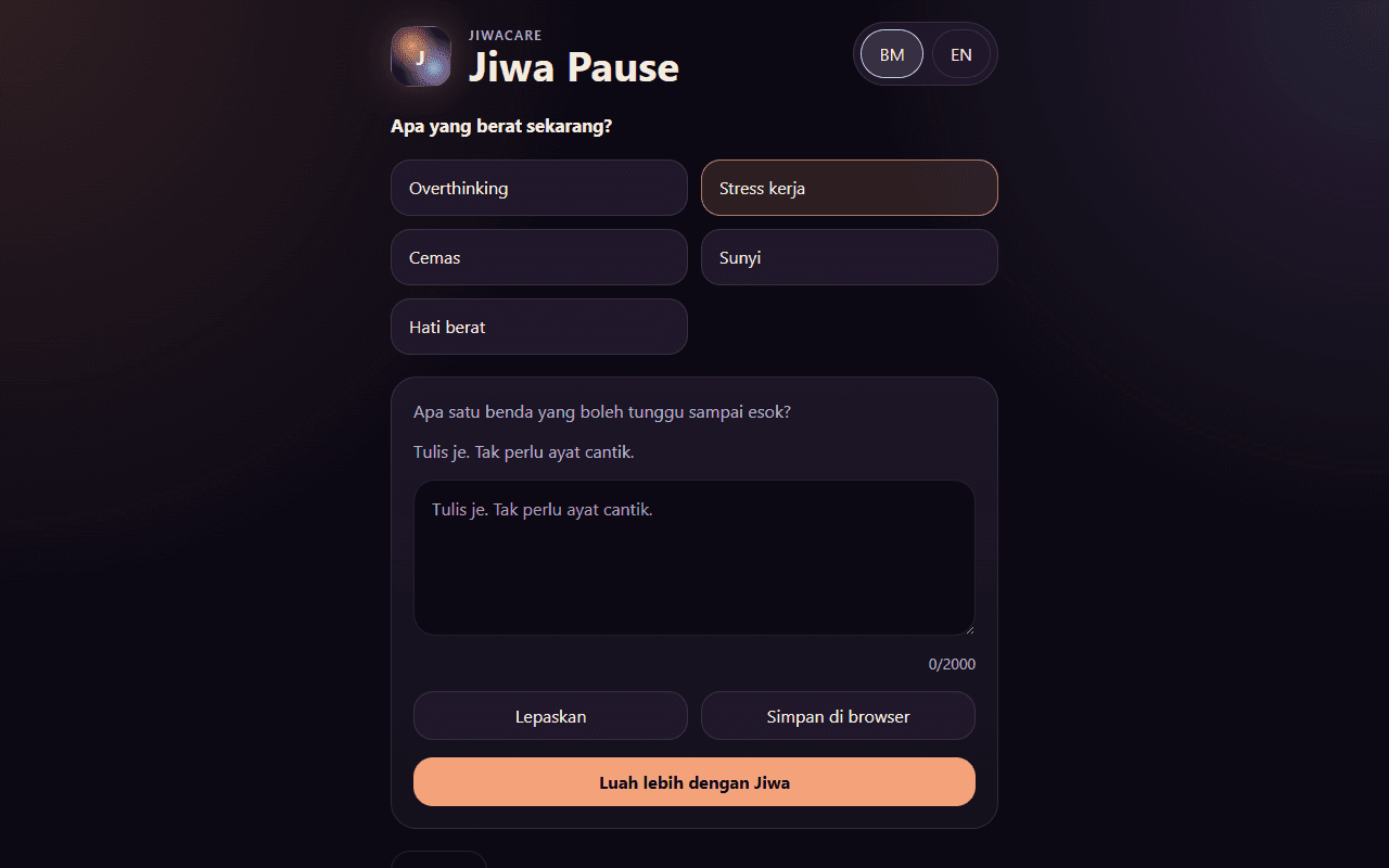 Jiwa Pause side panel in Bahasa Melayu with the work stress prompt visible