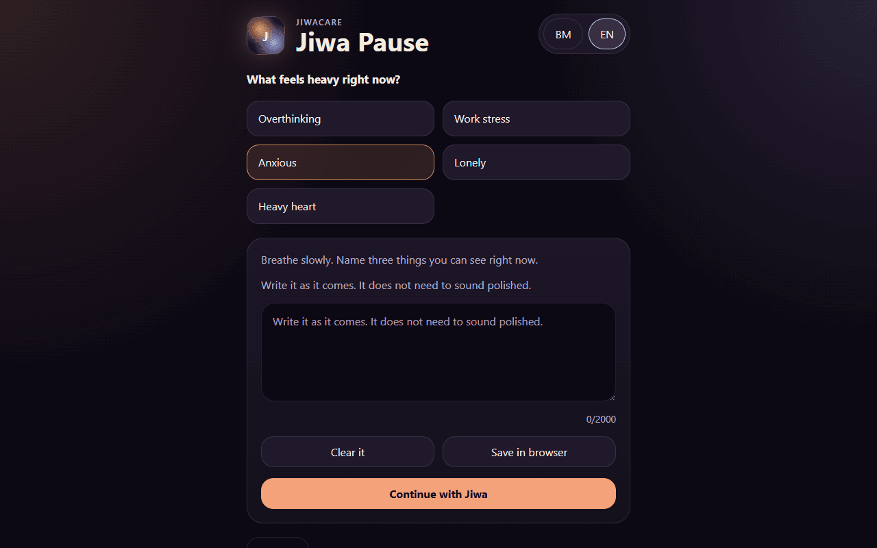 Jiwa Pause side panel showing the anxious prompt and note field